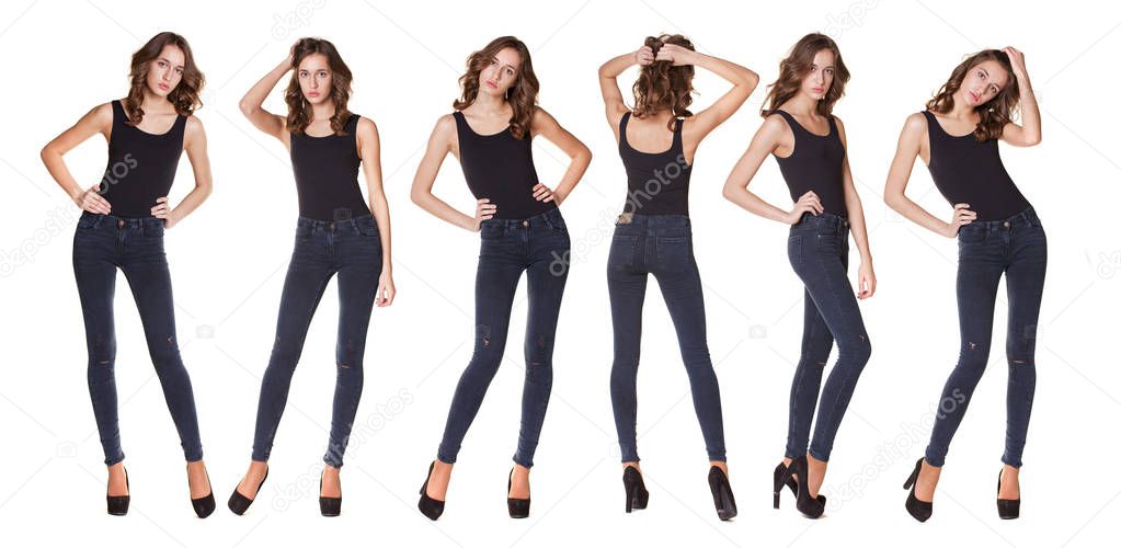 Collage sexy fashion models. Full length portrait of a beautiful women in blue jeans and black body, isolated on white background