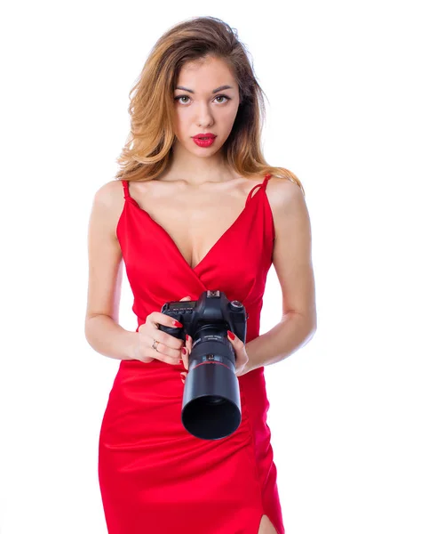 Happy Blonde Photographer Woman Sexy Red Dress Holding Camera Isolated — Stock Photo, Image