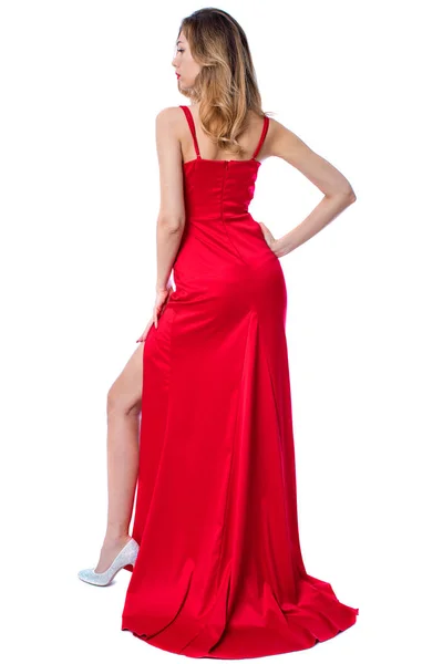 Νεαρή Όμορφη Ευτυχισμένη Ξανθιά Γυναίκα Κόκκινο Φόρεμα Απομονωμένη Λευκό — Φωτογραφία Αρχείου