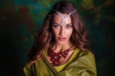 Güzel moda Kızılderili kadın portre oryantal aksesuarları Küpeli. Arap kız güzellik taşıyan. Hindu modeli mükemmel makyaj ile. Hindistan