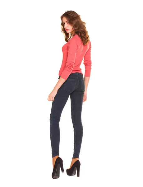 Modelo Moda Corpo Inteiro Mulher Morena Calma Jeans Azul Camisola — Fotografia de Stock