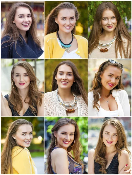 Collage Hermosas Mujeres Jóvenes Nueve Fotos — Foto de Stock