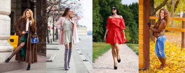 Dört mevsim - dışında poz moda mevsimlik giysiler, çeşitli genç kız bir kolaj.