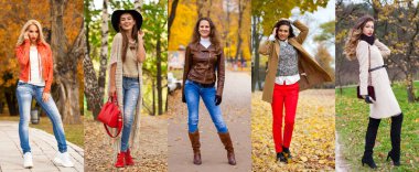 Kolaj sonbahar sokak moda kadınlar. Mutlu güzel genç beş modelleri Sonbahar Park portresi 