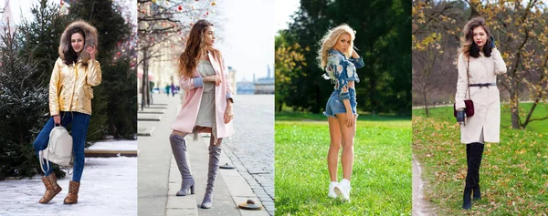 Quattro Stagioni Collage Varie Ragazze Abiti Alla Moda Stagione Posa — Foto Stock