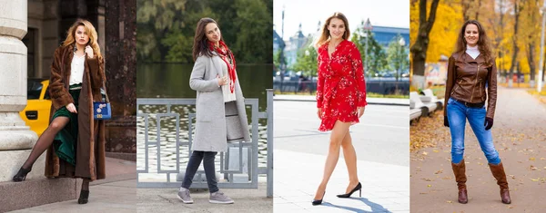 Four Seasons Collage Various Young Girls Trendy Seasonal Clothes Posing — Stock Photo, Image
