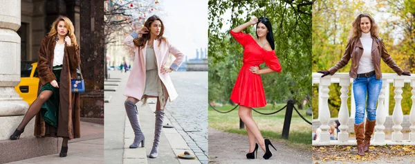 Four Seasons Collage Various Young Girls Trendy Seasonal Clothes Posing — Stock Photo, Image