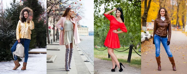 Four Seasons Collage Various Young Girls Trendy Seasonal Clothes Posing — Stock Photo, Image