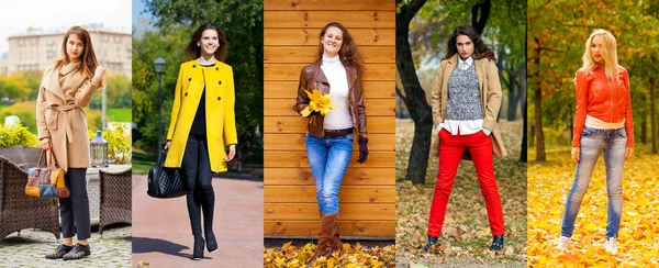 Collage Otoño Calle Moda Mujeres Retrato Feliz Hermosa Joven Cinco — Foto de Stock