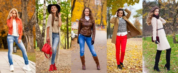 Collage Autumn Street Fashion Women Portrait Happy Beautiful Young Five — Stock Photo, Image