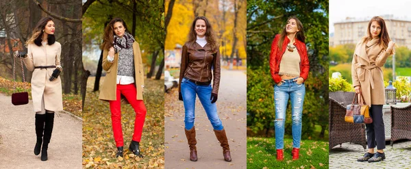 Colagem Outono Rua Moda Mulheres Retrato Feliz Bonito Jovem Cinco — Fotografia de Stock