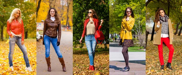 Colagem Outono Rua Moda Mulheres Retrato Feliz Bonito Jovem Cinco — Fotografia de Stock