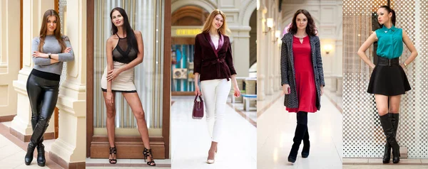 Uma Colagem Cinco Meninas Diferentes Roupas Elegantes Brilhantes — Fotografia de Stock