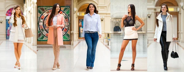 Ett Collage Fem Olika Unga Tjejer Ljusa Fashionabla Kläder — Stockfoto