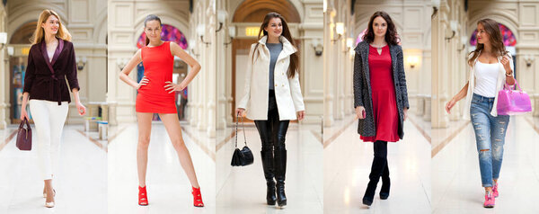 Коллаж из пяти разных молодых девушек в яркой модной одежде
