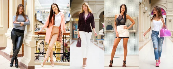 Ett Collage Fem Olika Unga Tjejer Ljusa Fashionabla Kläder — Stockfoto