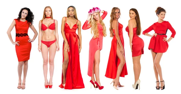 Collage Mode Modeller Röd Klänning Porträtt Full Tillväxt Vackra Unga — Stockfoto