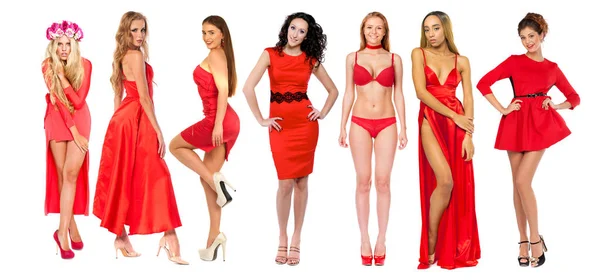 Kolaż Modelki Czerwonej Sukience Portret Pełni Wzrostu Piękne Młode Kobiety — Zdjęcie stockowe
