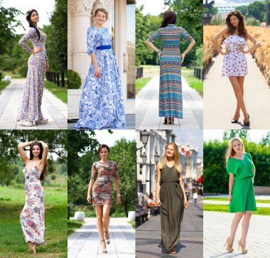 Kolaj moda elbise modellerinde. Tam büyüme, yaz street yürüyüş elbiseli çekici genç kadın portre
