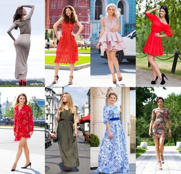 Collage Mode Modeller Klänning Porträtt Full Tillväxt Attraktiv Unga Kvinnor — Stockfoto