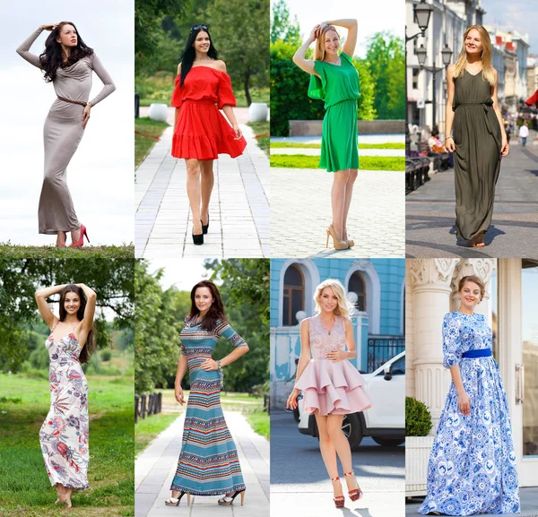 Collage Fashion Models Dress Portrait Full Growth Attractive Young Women — Stock Photo, Image