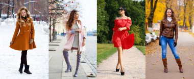 Dört mevsim - dışında poz moda mevsimlik giysiler, çeşitli genç kız bir kolaj.