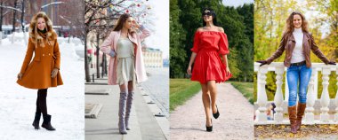 Dört mevsim - dışında poz moda mevsimlik giysiler, çeşitli genç kız bir kolaj.