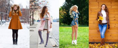 Dört mevsim - dışında poz moda mevsimlik giysiler, çeşitli genç kız bir kolaj.