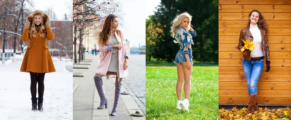 Quatro Estações Uma Colagem Várias Meninas Moda Roupas Sazonais Posando — Fotografia de Stock