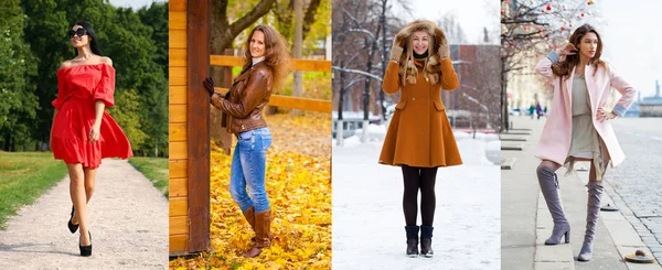 Dört mevsim - dışında poz moda mevsimlik giysiler, çeşitli genç kız bir kolaj.