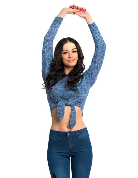 Mulher Morena Feliz Jeans Azul Camisola Malha Azul Isolada Fundo — Fotografia de Stock