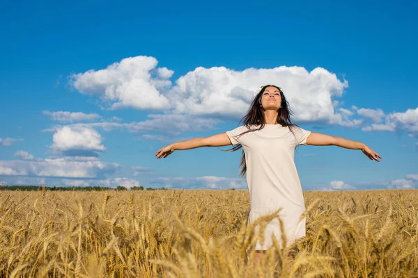 Retrato Uma Jovem Morena Fundo Campo Trigo Dourado Verão Livre — Fotografia de Stock