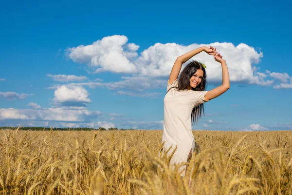 Portrait Young Brunette Woman Background Golden Wheat Field Summer Outdoors Royalty Free Stock Images
