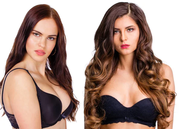 Dois Sexy Morena Mulheres Modelos Com Maquiagem Diária Fresco Isolado — Fotografia de Stock