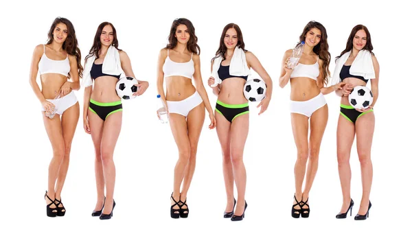 Collage Two Fitness Women Young Beautiful Girlfriends Sportswear Isolated White — Stock Photo, Image