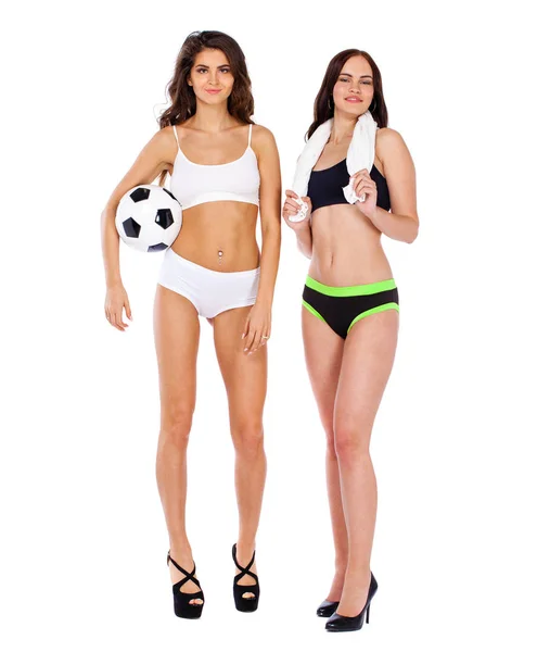 Två Fitness Kvinnor Unga Vackra Flickvänner Sportkläder Isolerad Vit Bakgrund — Stockfoto