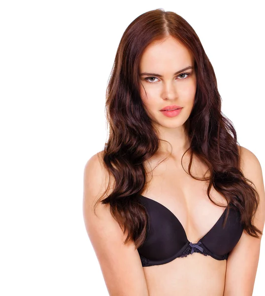 Young Sexy Brunette Woman Black Bra Isolated White Background — Stock Photo, Image