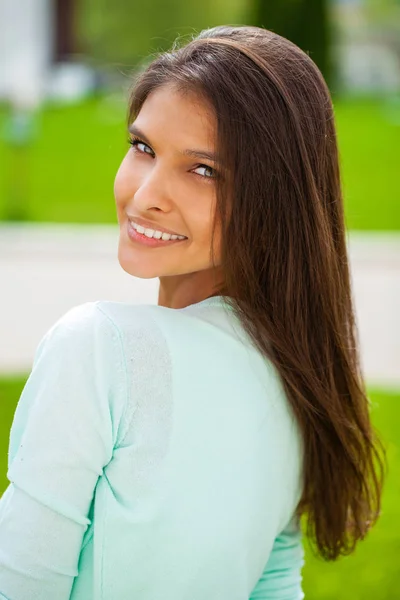 Close Portrait Beautiful Young Happy Brunette Woman Fresh Clean Skin — Stock Photo, Image