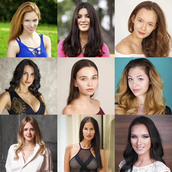 Collage Hermosas Mujeres Jóvenes Retrato Primer Plano —  Fotos de Stock