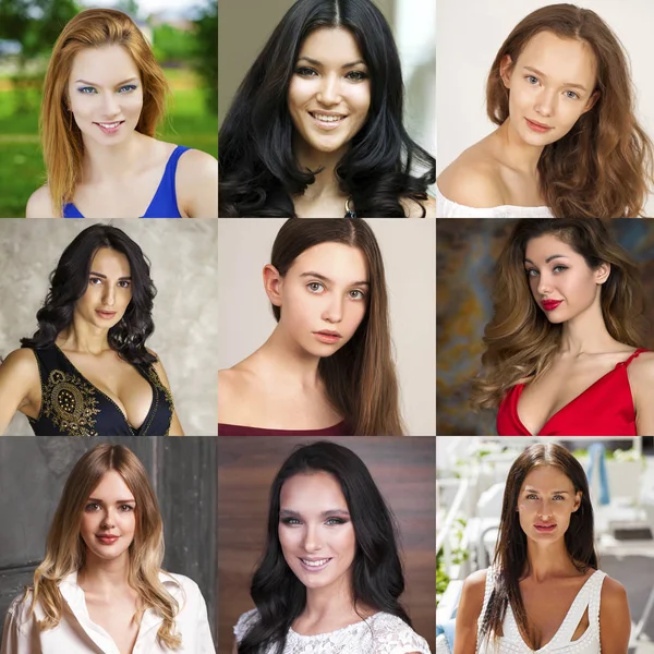 Collage Hermosas Mujeres Jóvenes Retrato Primer Plano —  Fotos de Stock