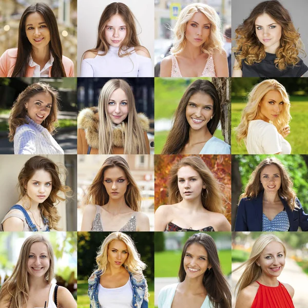 Collage Vackra Unga Kvinnor Ett Porträtt Närbild — Stockfoto