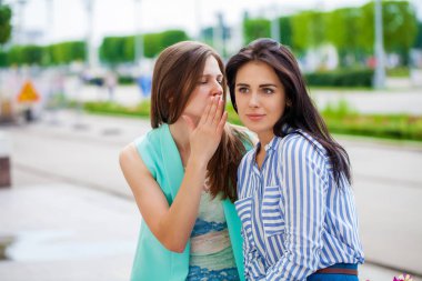 Birbirinizle konuşmak iki genç kadın. kız arkadaşlar sohbet.