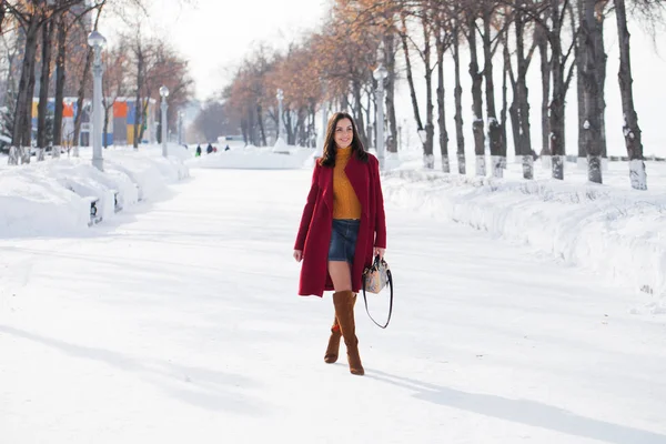 Całego Ciała Młoda Kobieta Piękna Brunetka Czerwonym Płaszczu Pozowanie Winter — Zdjęcie stockowe