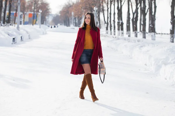 Ganzkörper Junge Schöne Brünette Frau Rotem Mantel Posiert Winterpark Model — Stockfoto