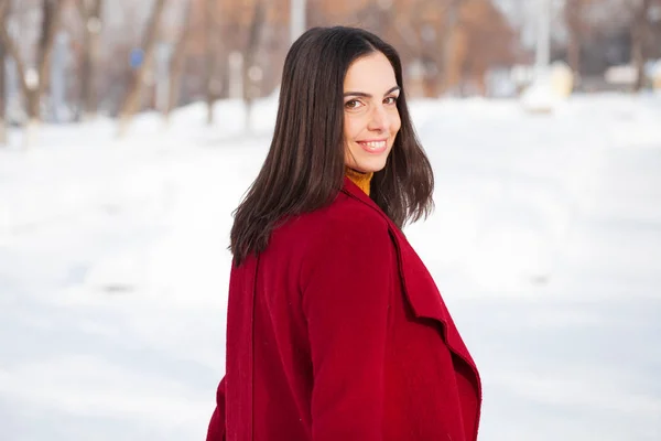 Молодая Красивая Брюнетка Красном Пальто Позирует Зимнем Парке Модель Стильной — стоковое фото