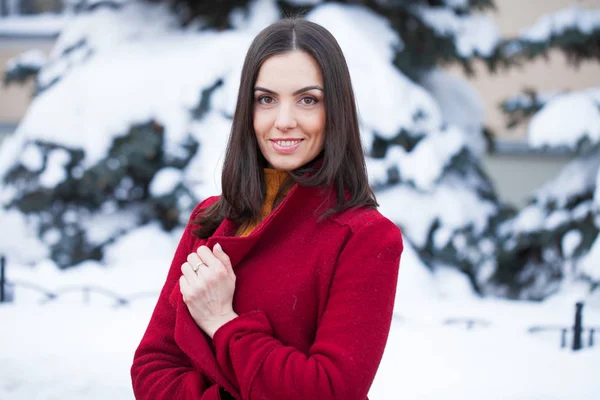 Молода Красива Брюнетка Червоному Пальто Позує Зимовому Парку Модель Стильному — стокове фото