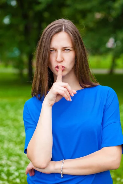 Young Beautiful Brunette Woman Has Put Forefinger Lips Sign Silence — Stock Photo, Image