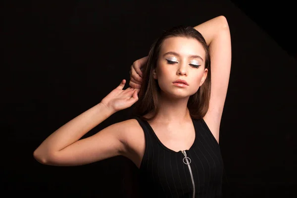 Close Make Fashion Model Young Beautiful Brunette Girl Studio Black — Stock Photo, Image