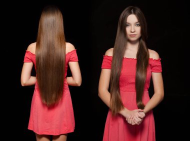 Kapatın kadar moda modeli ön ve arkadan görünüm olun. Studio siyah duvar arka plan üzerinde kırmızı elbiseli Genç güzel esmer kız