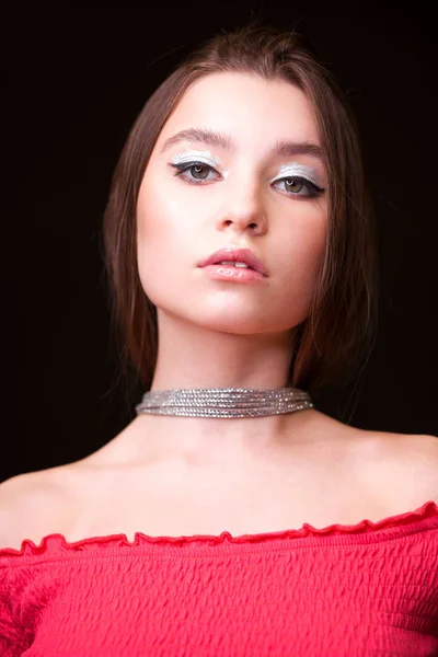 Close Make Fashion Model Young Beautiful Brunette Girl Studio Black — Stock Photo, Image